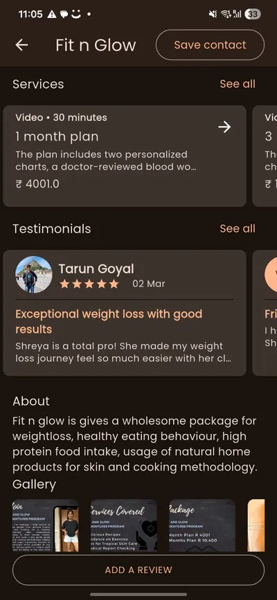 Fit n Glow storefront on Setav showing services, testimonials and gallery